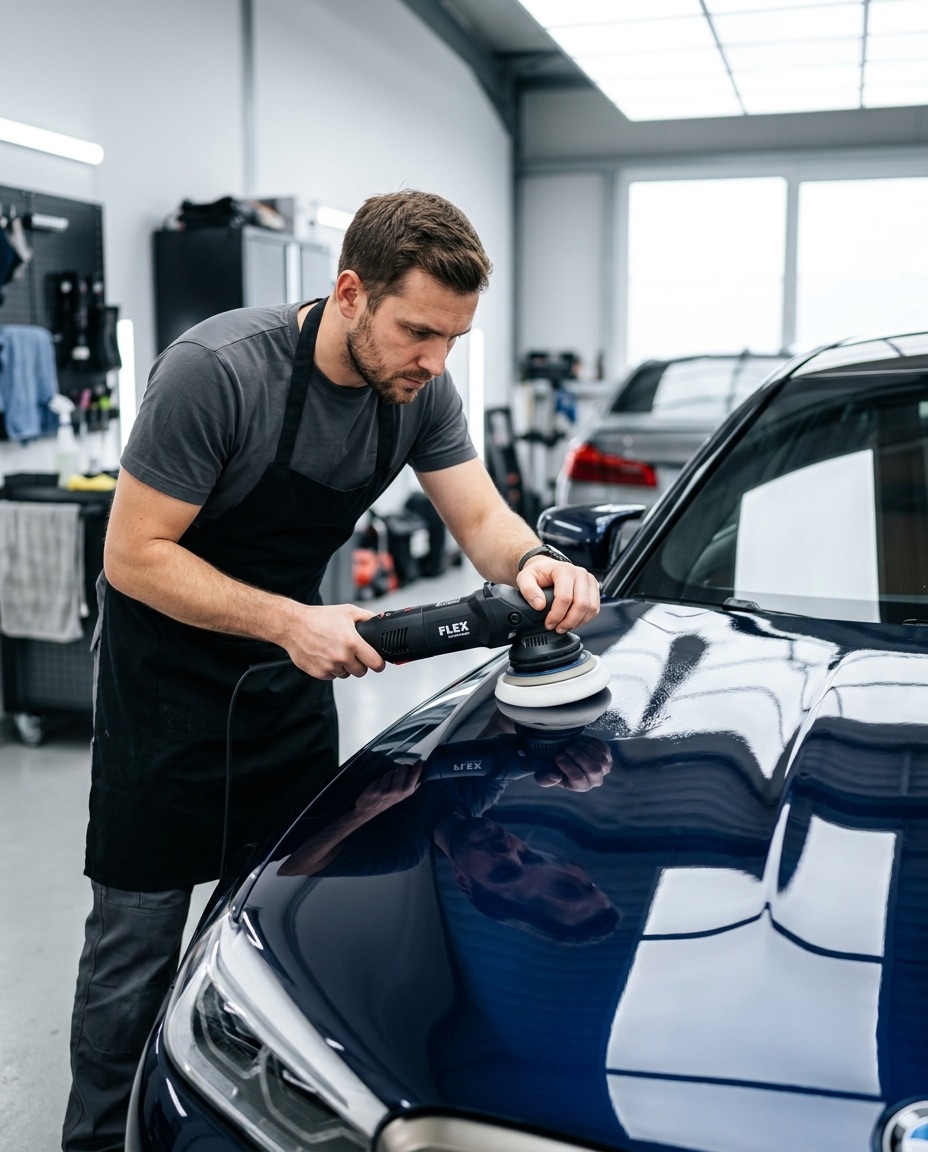 Polishing a blue hood to a deep shine